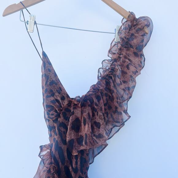 New Nasty Gal Black Magic Leopard Chiffon Ruffle Maxi Dress Long 4 Brown Formal - Picture 4 of 10